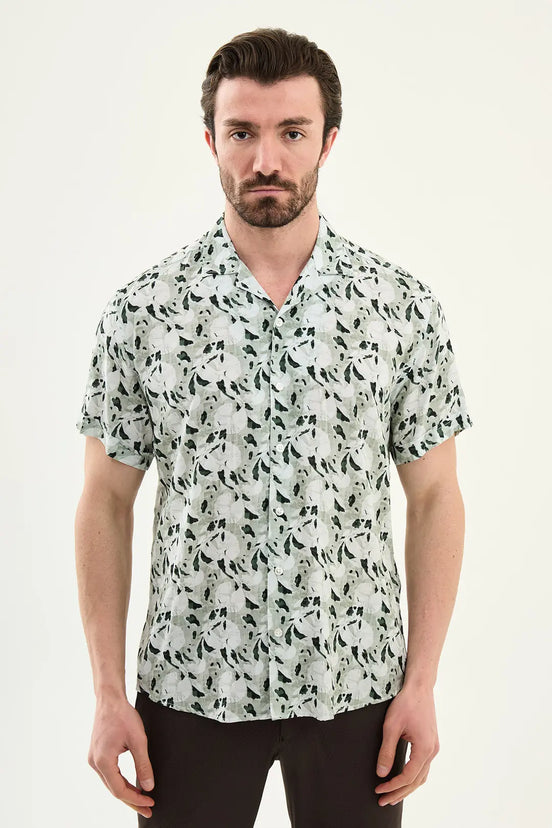 Green Abstract Floral Print Short Sleeve Shirt