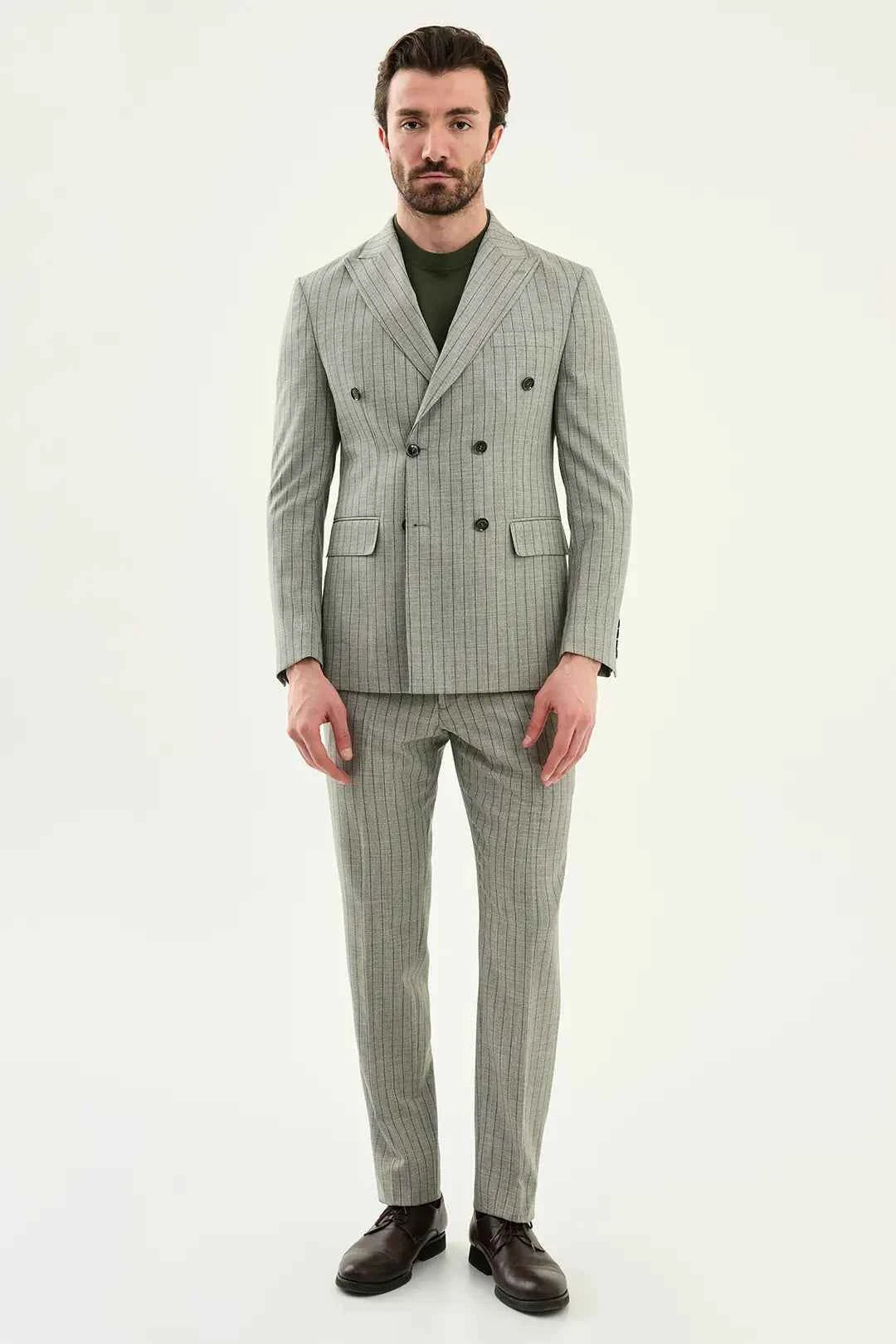 Abilene Khaki Double Breasted Pinstripe Blazer