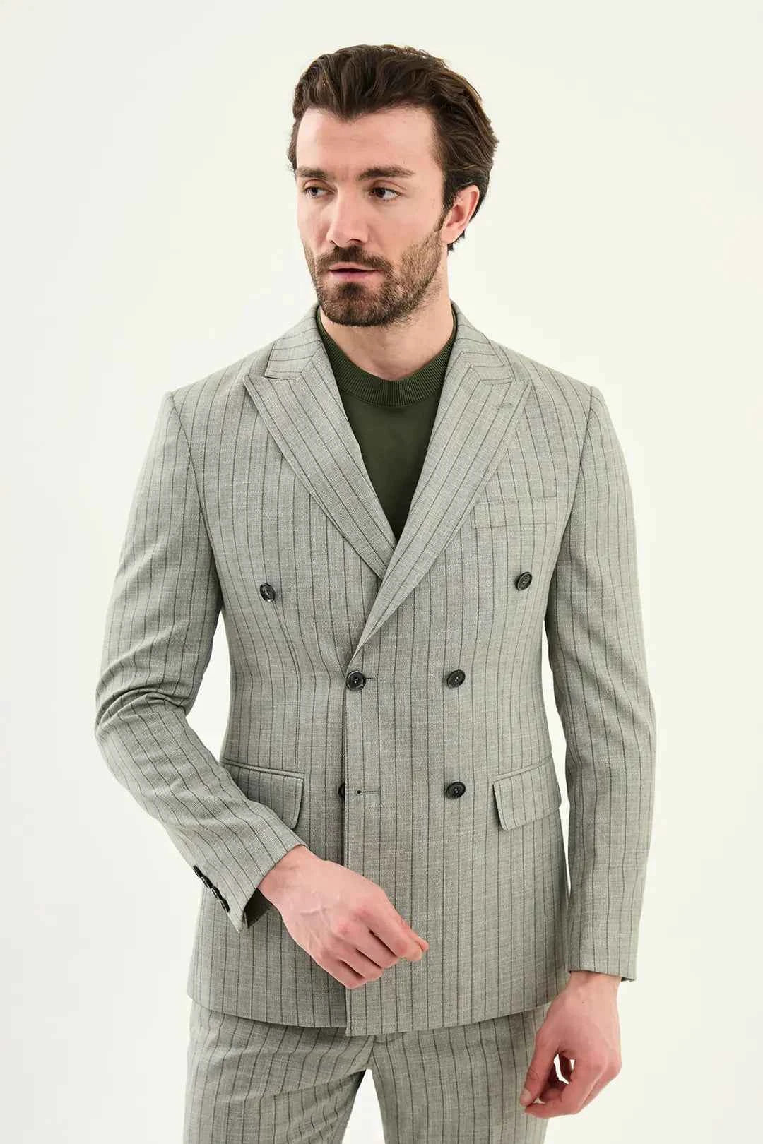 Abilene Khaki Double Breasted Pinstripe Blazer