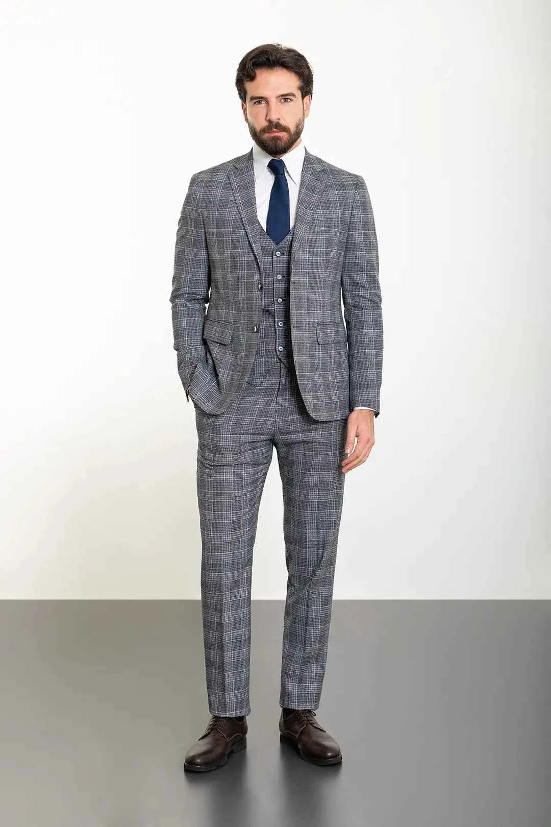 Abilene Navy Blue Glen Plaid Three Piece Suit