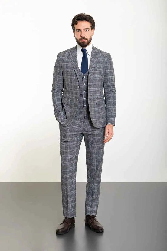 Abilene Navy Blue Glen Plaid Three Piece Suit