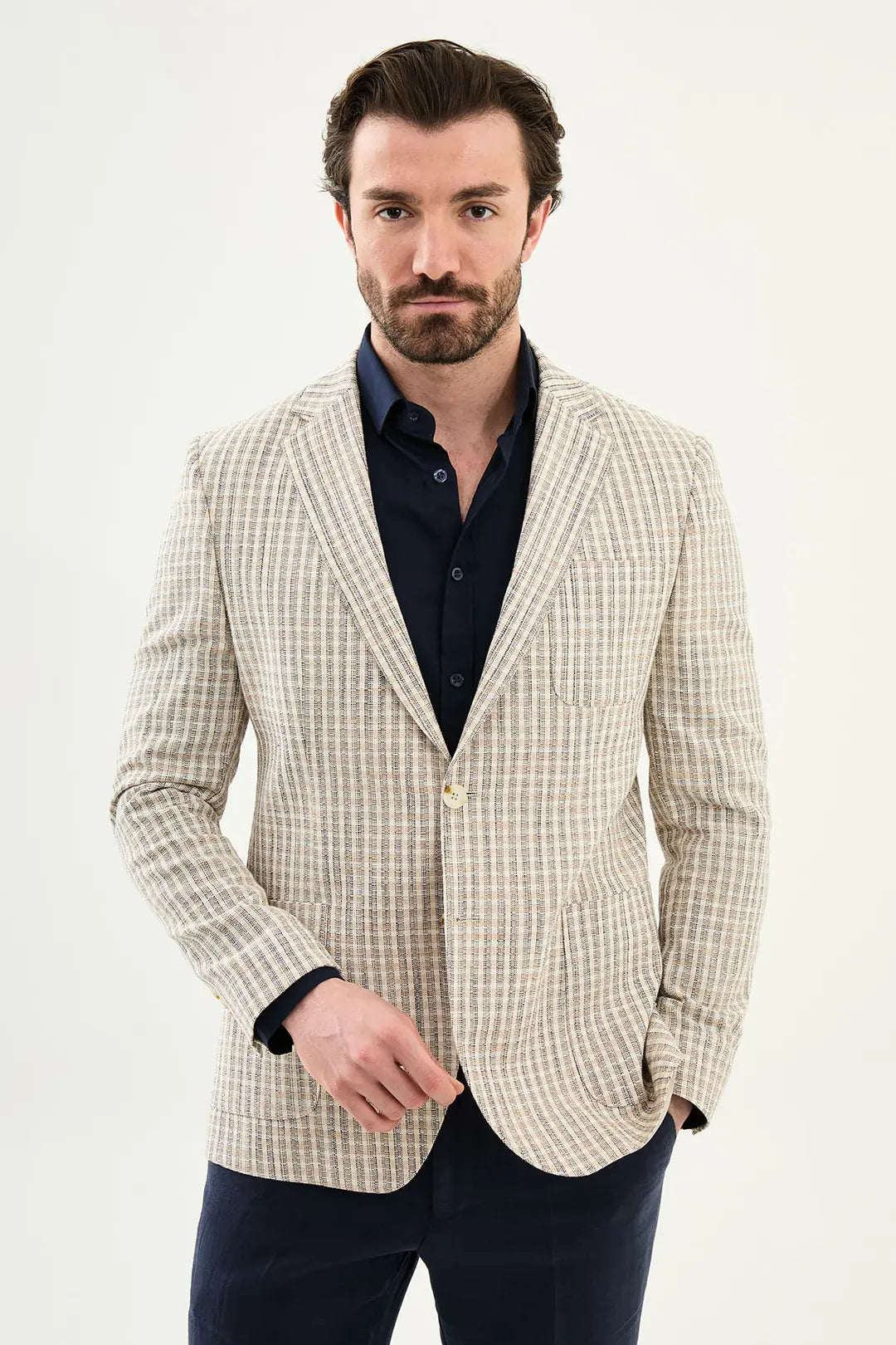 Navy Blue Plaid Cotton Blazer