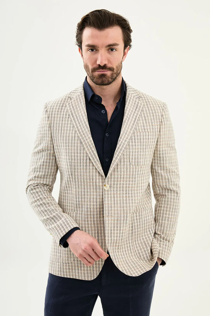 Navy Blue Plaid Cotton Blazer