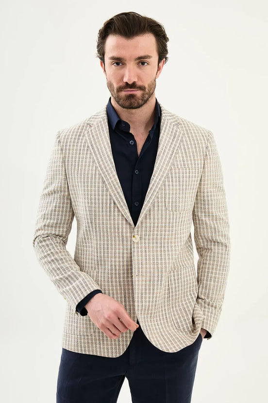 Navy Blue Plaid Cotton Blazer