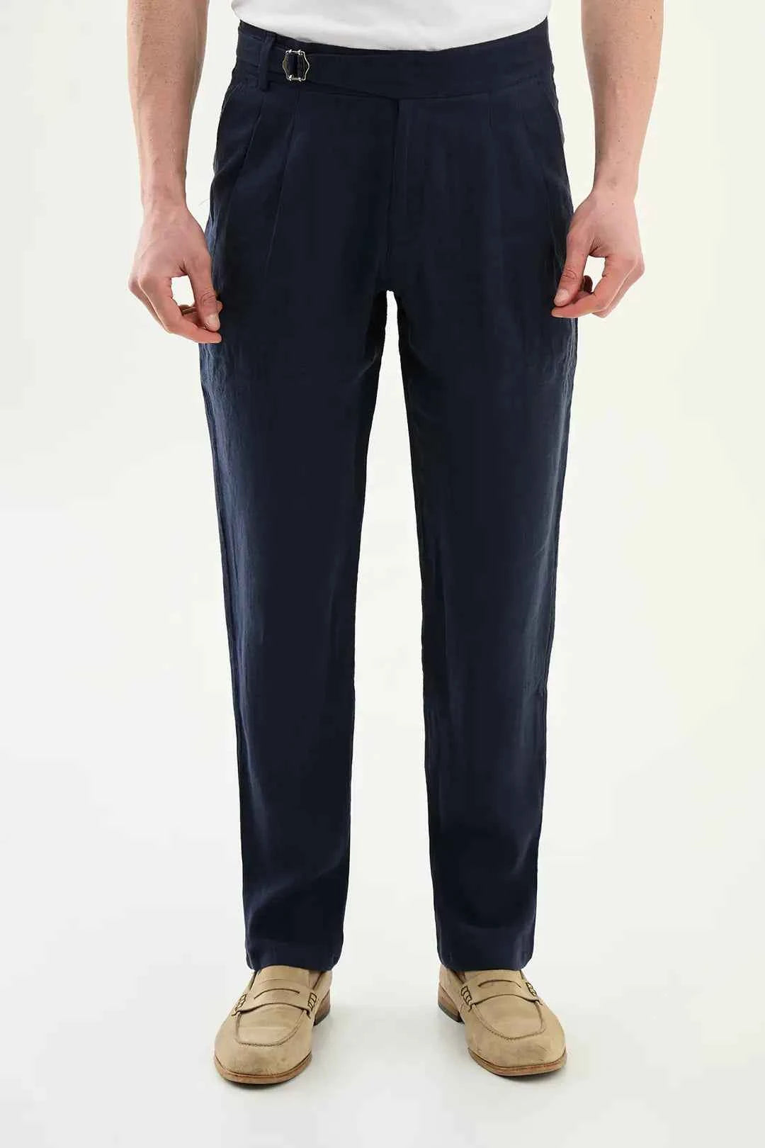 Abilene Navy Blue Pleated Linen Trousers