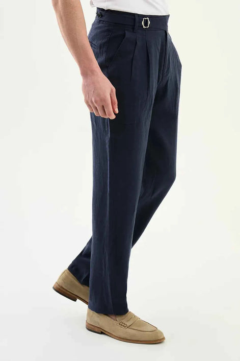Abilene Navy Blue Pleated Linen Trousers