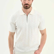 Abilene Off White Textured Knit Quarter Zip Polo Shirt