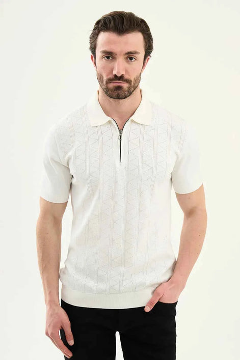 Abilene Off White Textured Knit Quarter Zip Polo Shirt