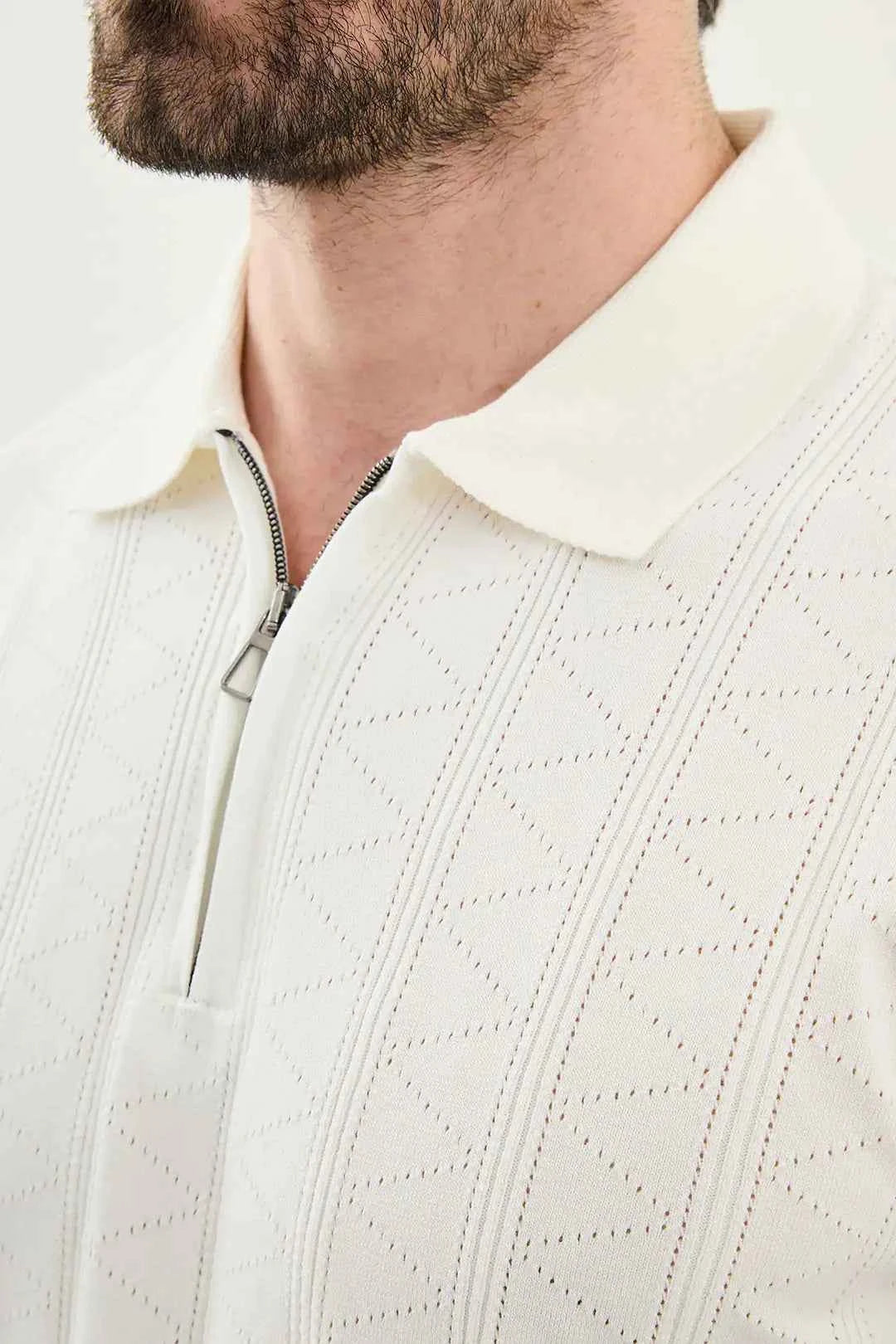 Abilene Off White Textured Knit Quarter Zip Polo Shirt