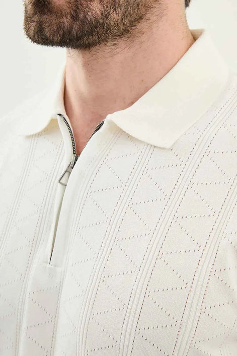 Abilene Off White Textured Knit Quarter Zip Polo Shirt
