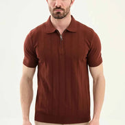 Abilene Rust Textured Knit Quarter Zip Polo Shirt