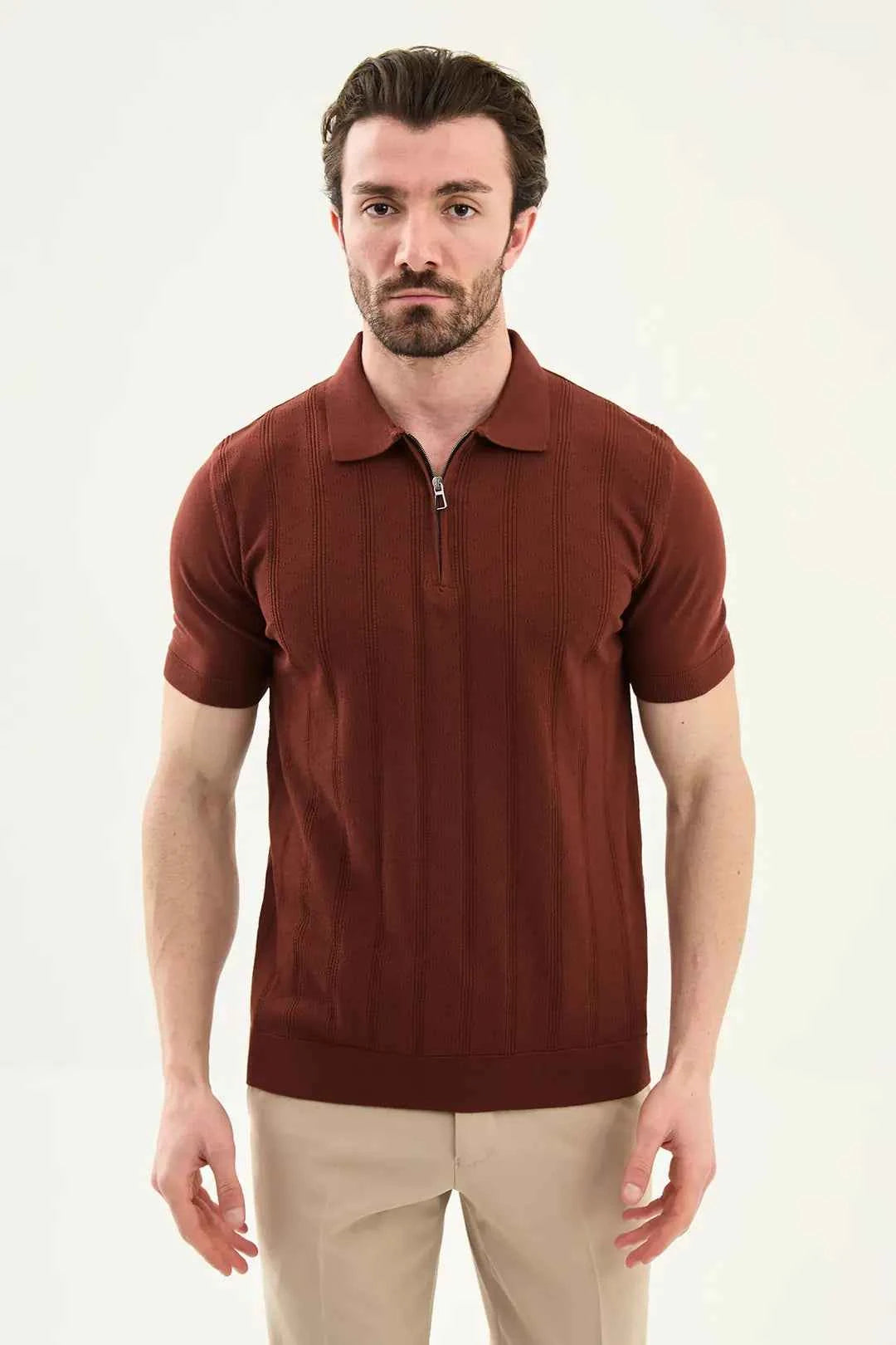 Abilene Rust Textured Knit Quarter Zip Polo Shirt