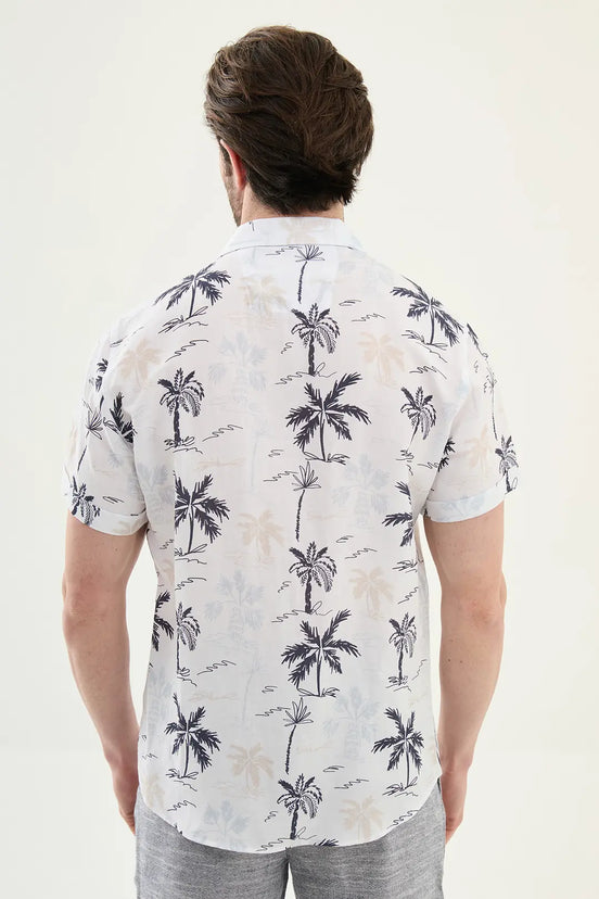 Abilene White Palm Tree Print Short Sleeve Shirt