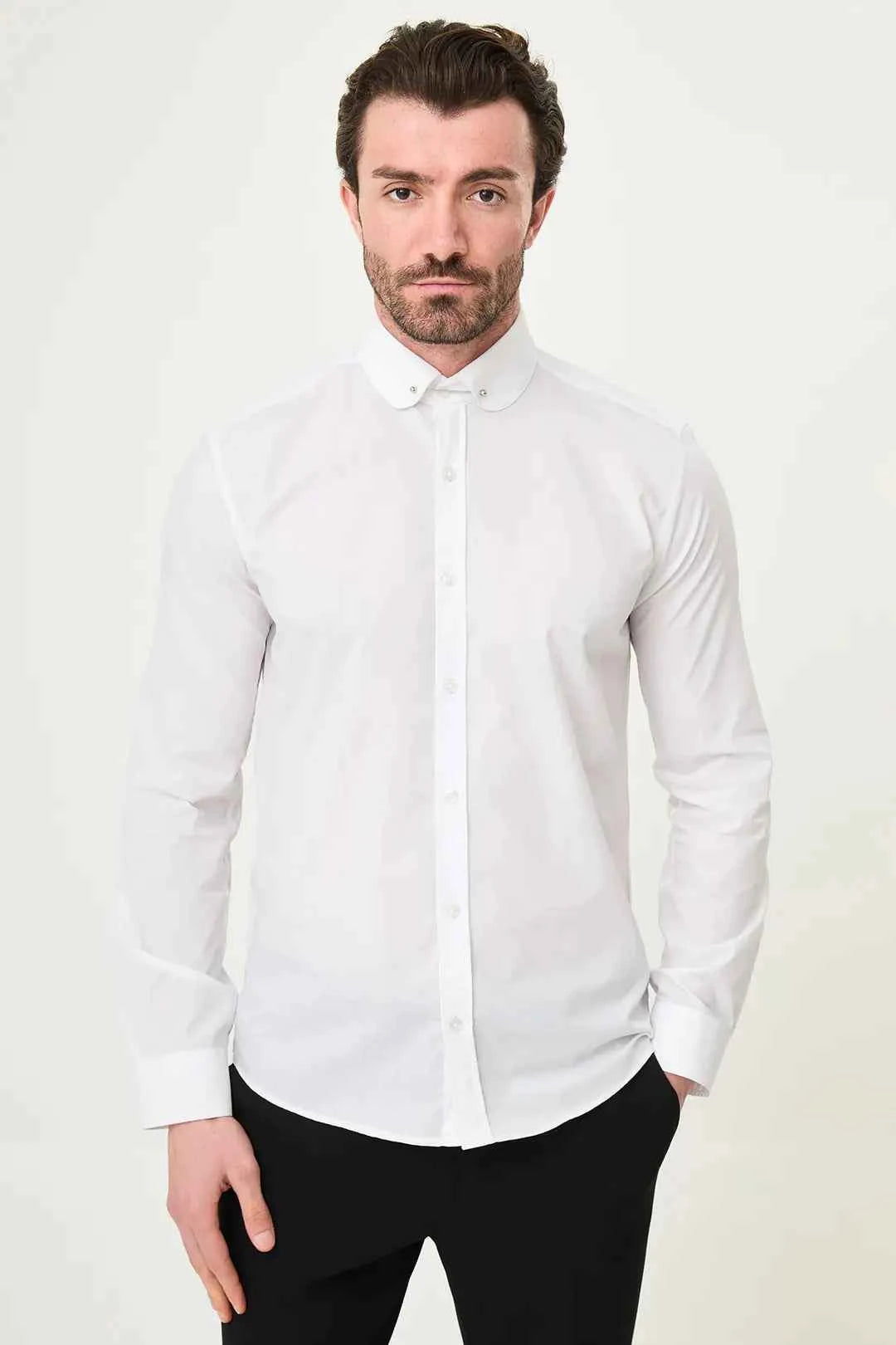 Abilene White Slim Fit Long Sleeve Pin Collar Dress Shirt