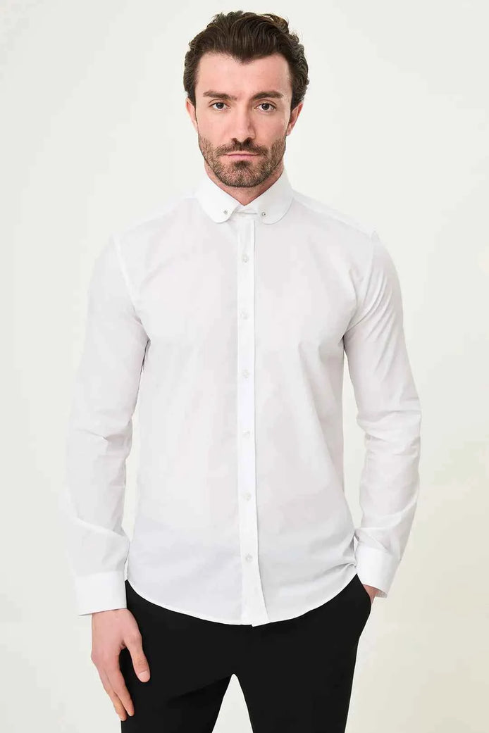 Abilene White Slim Fit Long Sleeve Pin Collar Dress Shirt
