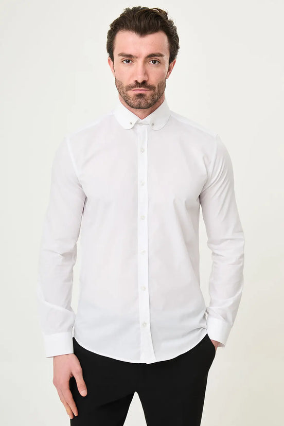 White Slim Fit Long Sleeve Pin Collar Dress Shirt