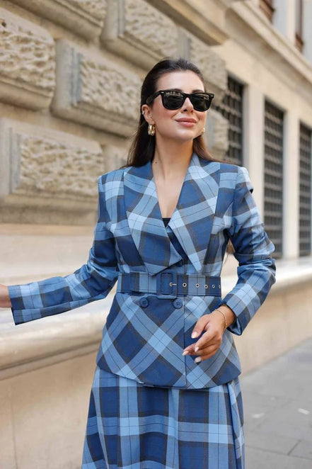 Plaid Blue Skirt Suit