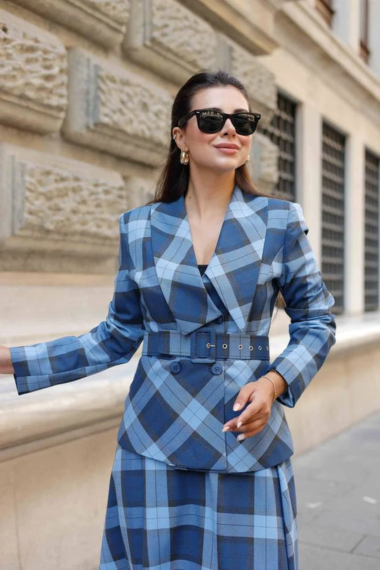 Plaid Blue Skirt Suit