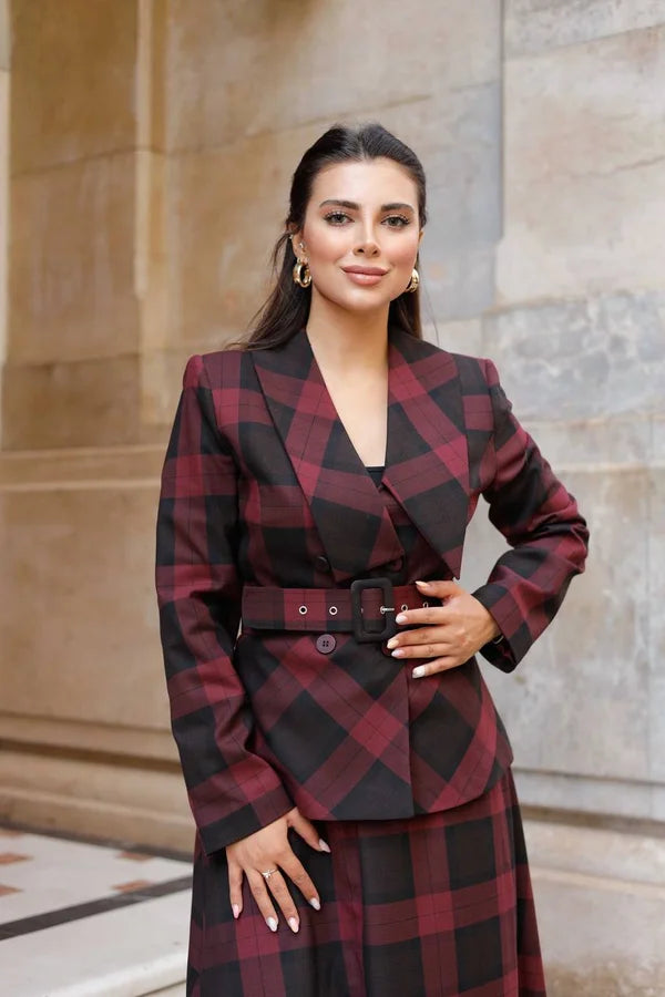 red and black plaid suit