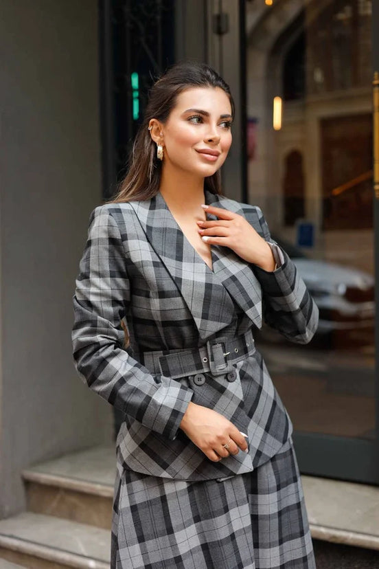 Addison Plaid Gray Skirt Suit