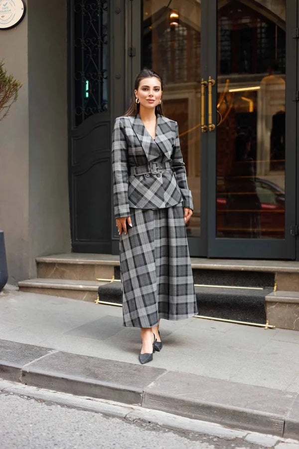 Addison Plaid Gray Skirt Suit