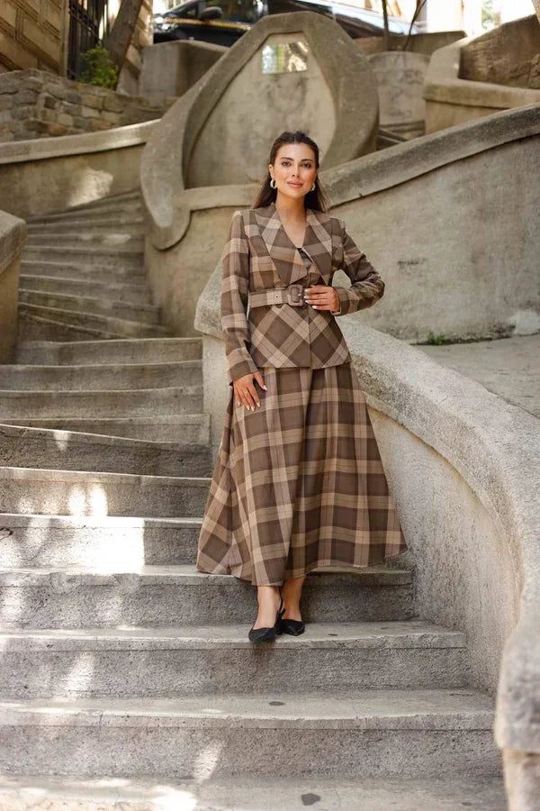 Plaid Light Brown Skirt Suit