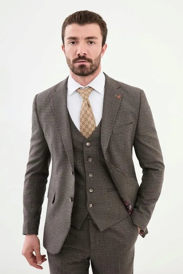 Ames Houndstooth Wool Brown 3 Piece Suit