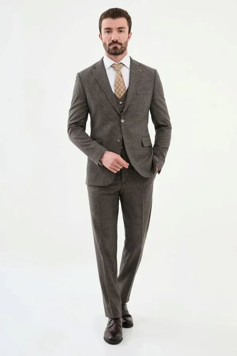 Ames Houndstooth Wool Brown 3 Piece Suit