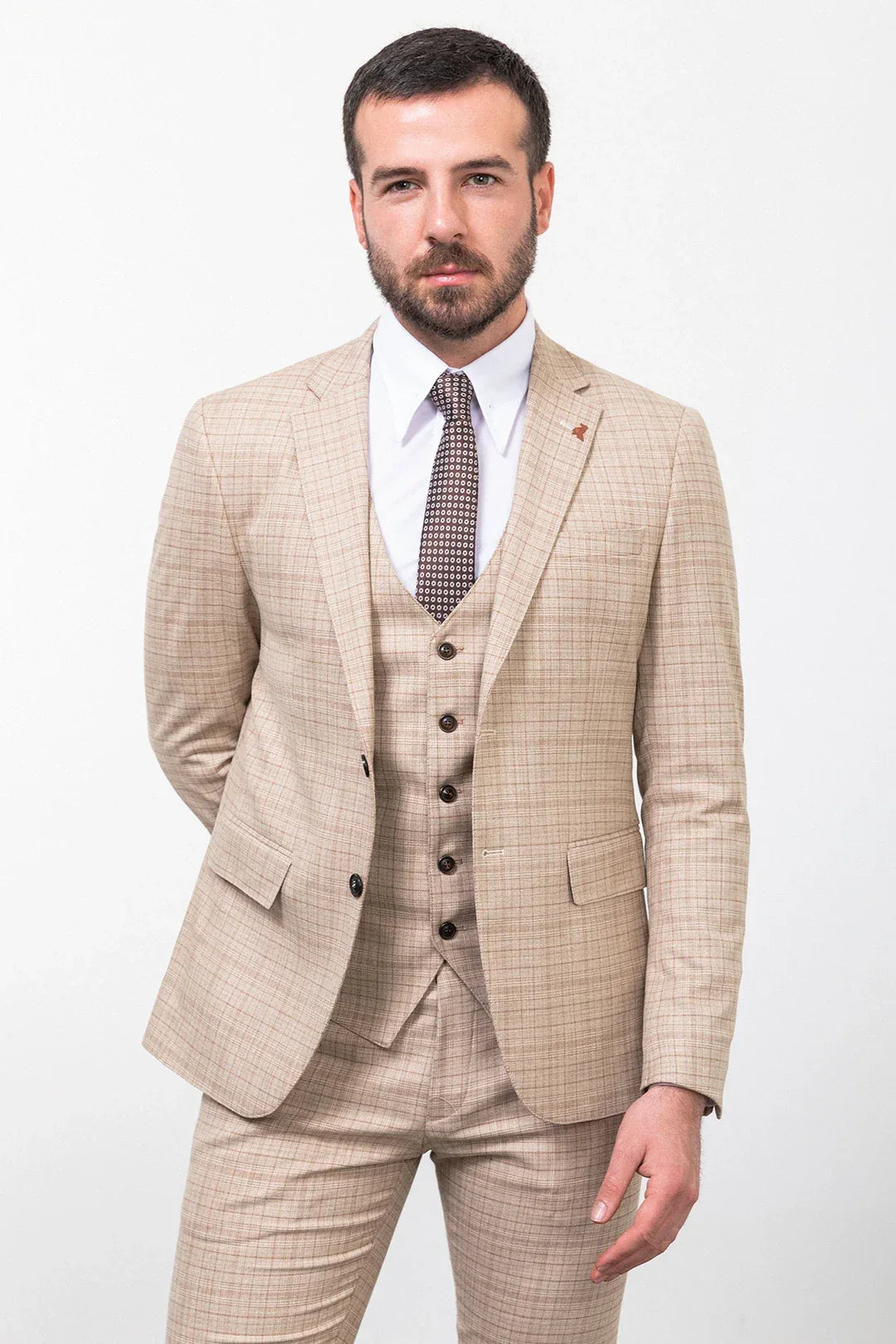 Ames 3 Piece Checkered Beige Linen Suit