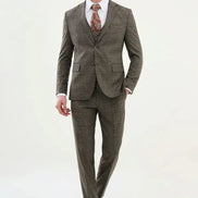 Ames 3 Piece Plaid Wool Beige Suit