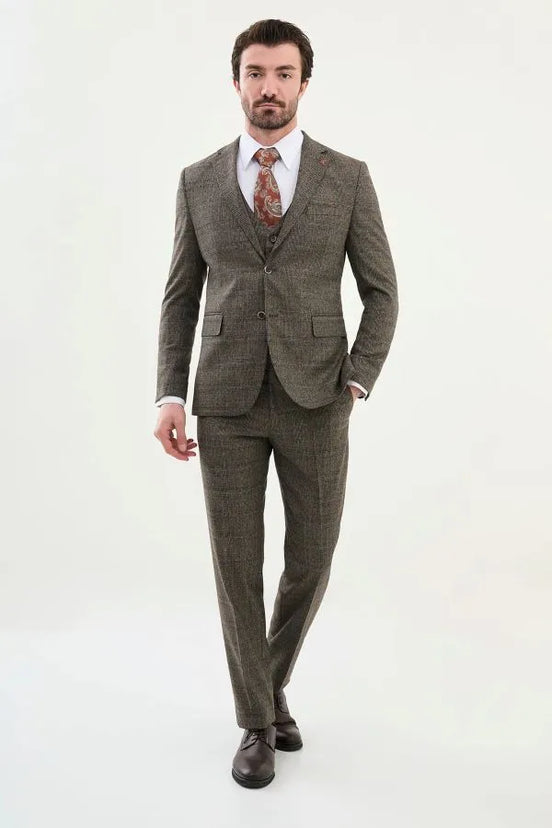 3 Piece Plaid Wool Beige Suit