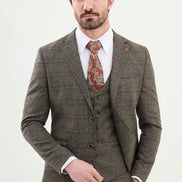 Ames 3 Piece Plaid Wool Beige Suit