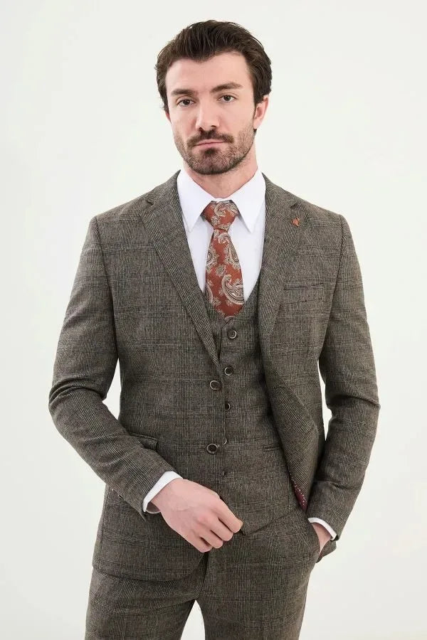 Ames 3 Piece Plaid Wool Beige Suit