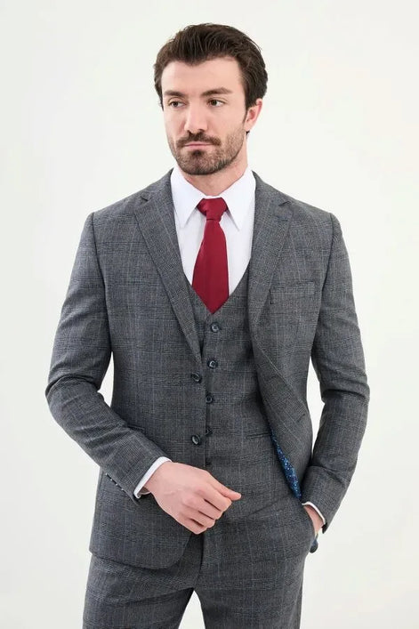 Ames 3 Piece Plaid Wool Navy Blue Suit