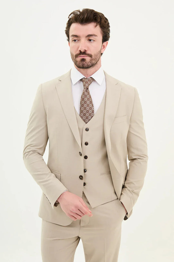 Ames 3 Piece Wool Beige Suit