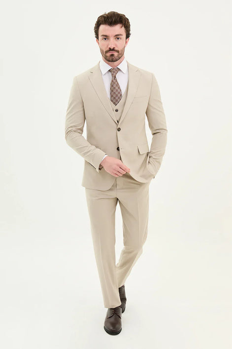 Ames 3 Piece Wool Beige Suit