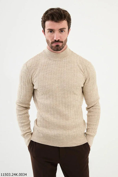 Ames Cable Knit Mock Turtleneck Sweater - Beige