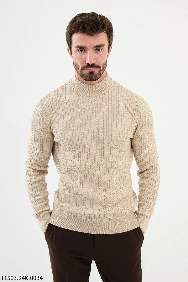 Ames Cable Knit Mock Turtleneck Sweater - Beige
