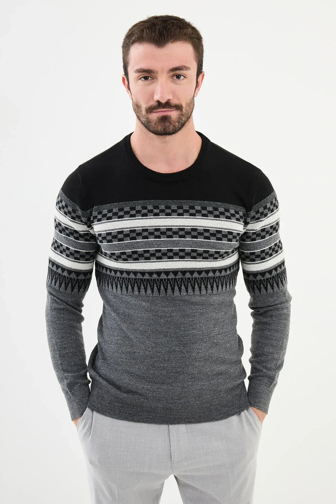Ames Fair Isle Crew Neck Wool Sweater - Anthracite