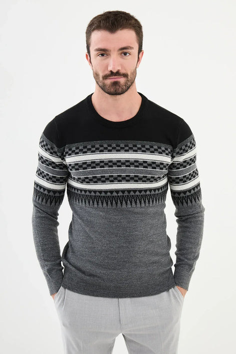 Ames Fair Isle Crew Neck Wool Sweater - Anthracite