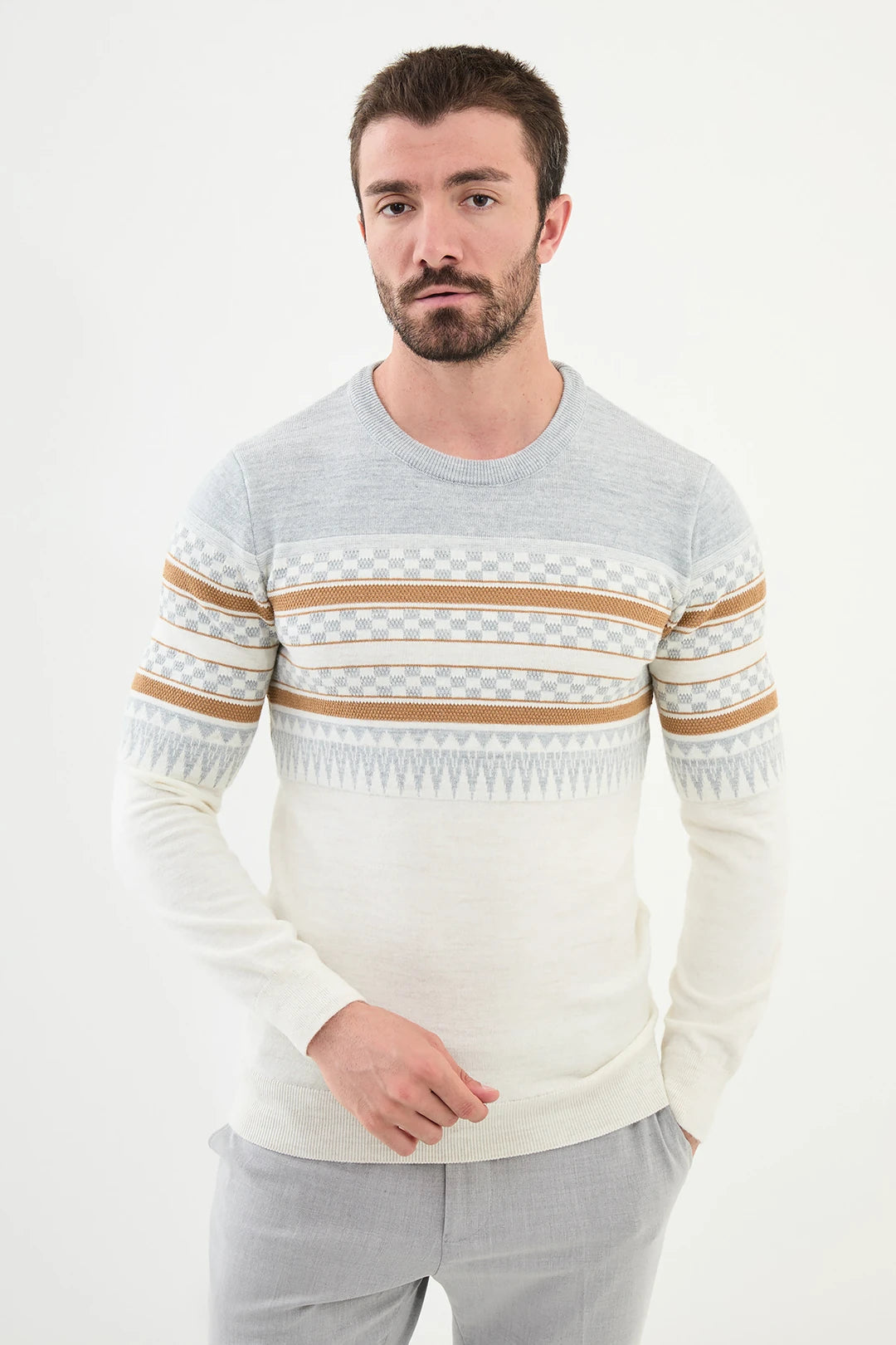Ames Fair Isle Crew Neck Wool Sweater - White