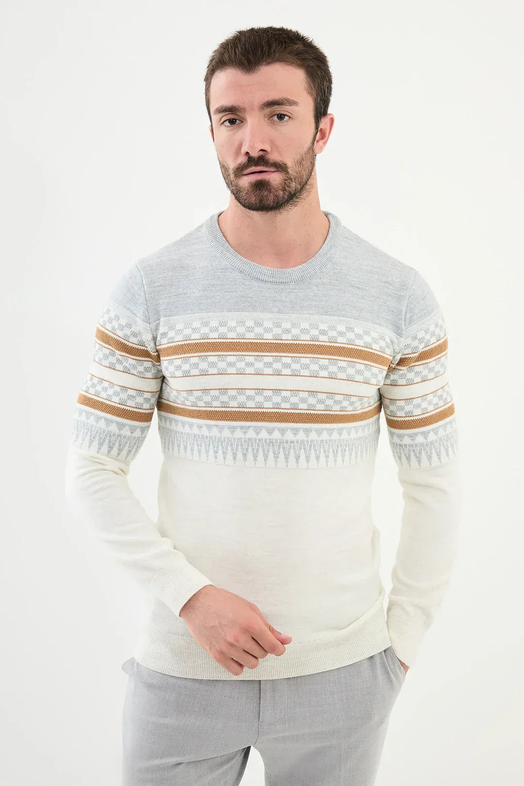 Ames Fair Isle Crew Neck Wool Sweater - White