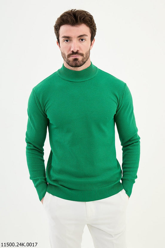 Green Mock Turtleneck Wool Sweater
