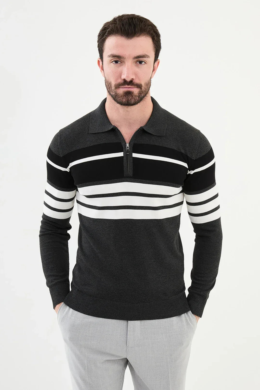 Ames Horizontal Striped Zipper Polo Sweater - Anthracite