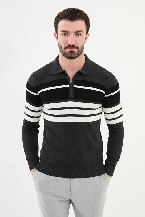 Ames Horizontal Striped Zipper Polo Sweater - Anthracite