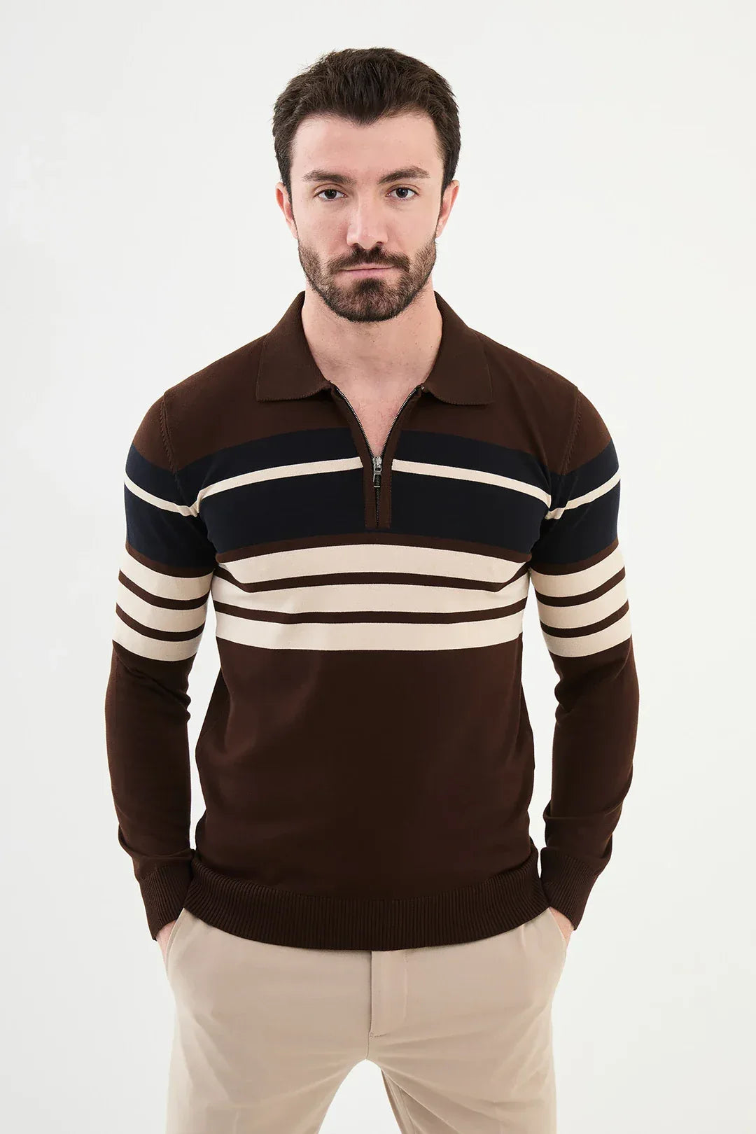 Ames Horizontal Striped Zipper Polo Sweater - Brown