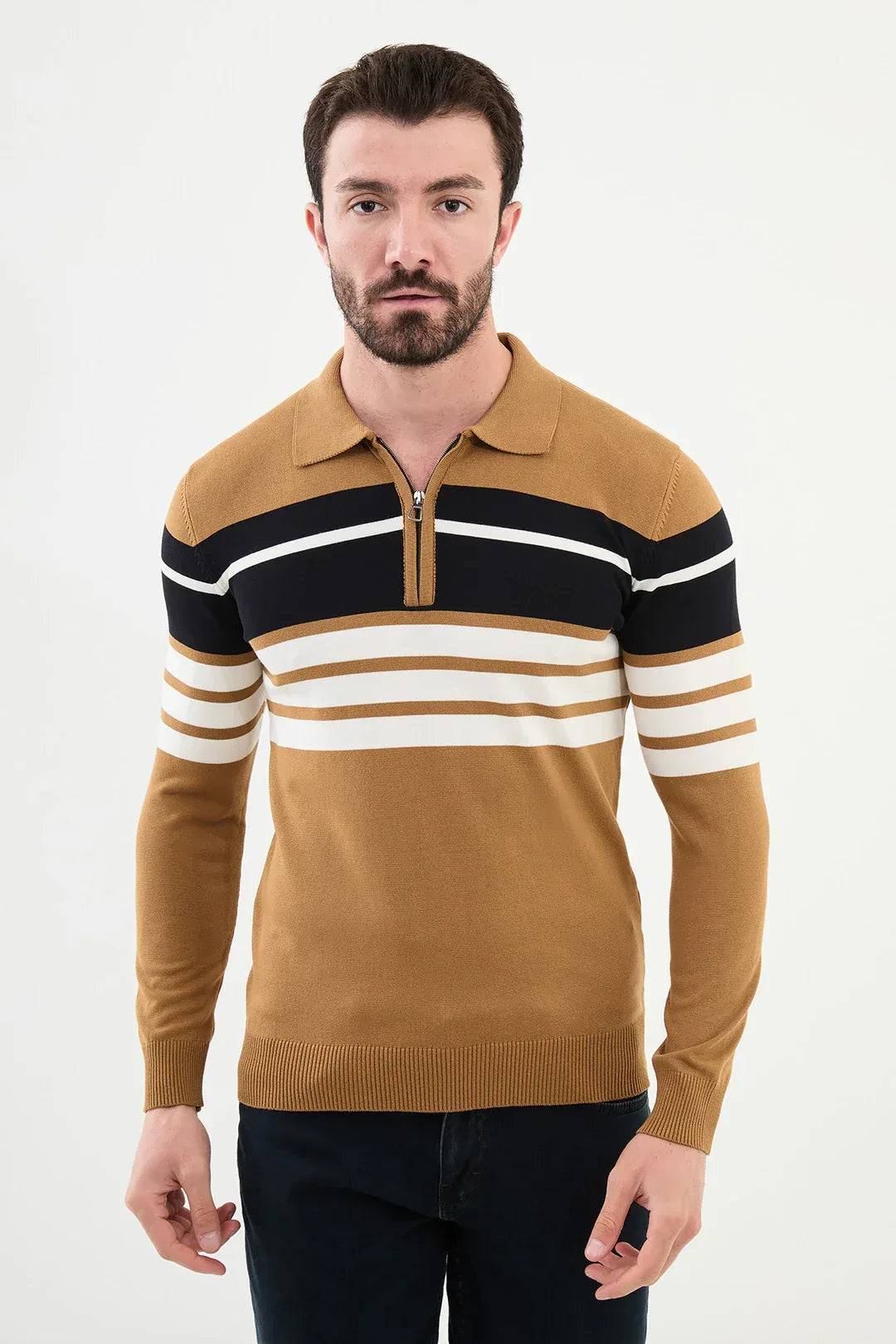 Ames Horizontal Striped Zipper Polo Sweater - Camel