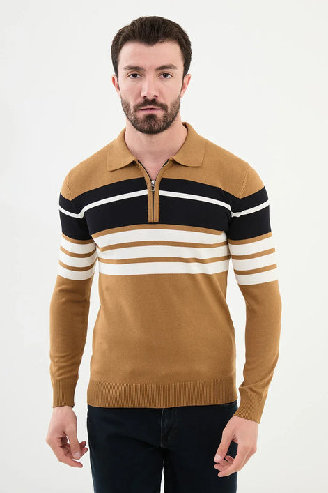 Ames Horizontal Striped Zipper Polo Sweater - Camel