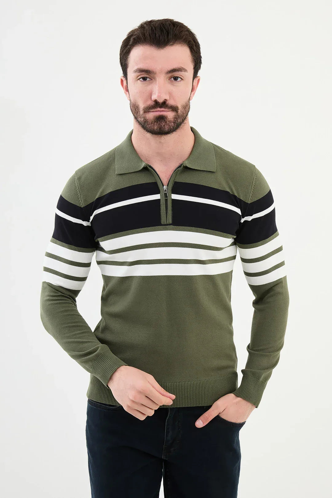 Ames Horizontal Striped Zipper Polo Sweater - Khaki