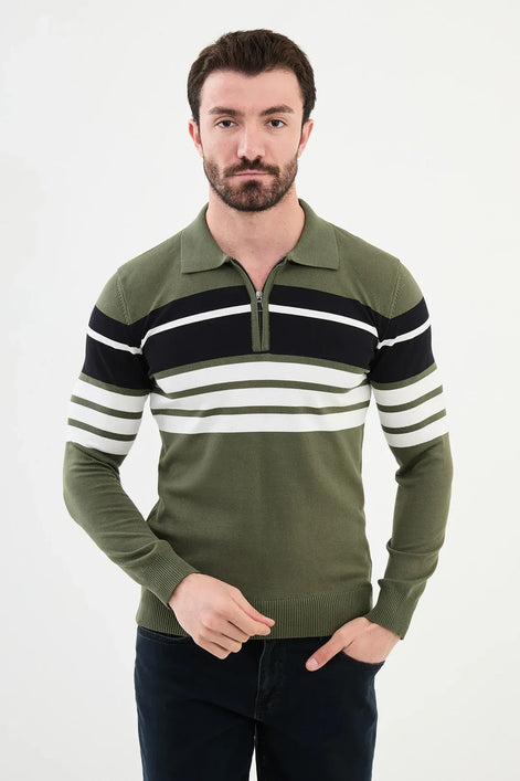 Ames Horizontal Striped Zipper Polo Sweater - Khaki